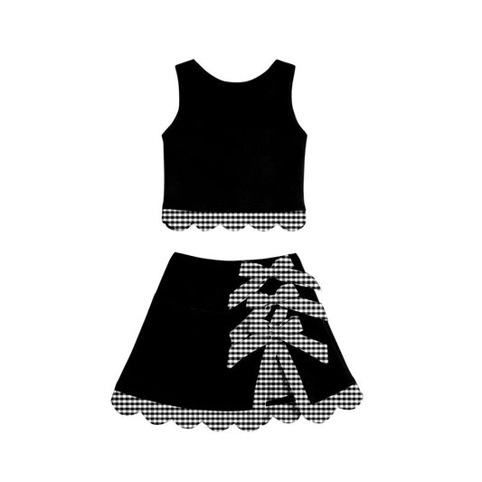 MOQ 30 PCS Preorder GSD4176 Black Plaid Bows Scalloped Wave Ruffle Sleeveless Skirts Yoga Girls Sets 202604