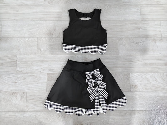 NO MOQ Preorder GSD4176 Black Plaid Bows Scalloped Wave Ruffle Sleeveless Skirts Yoga Girls Sets 202607