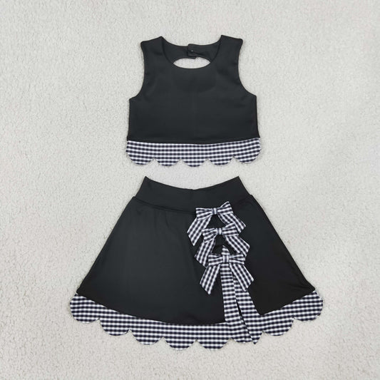GSD4176 Black Plaid Bows Scalloped Wave Ruffle Sleeveless Skirts Yoga Girls Sets 202608 RTS