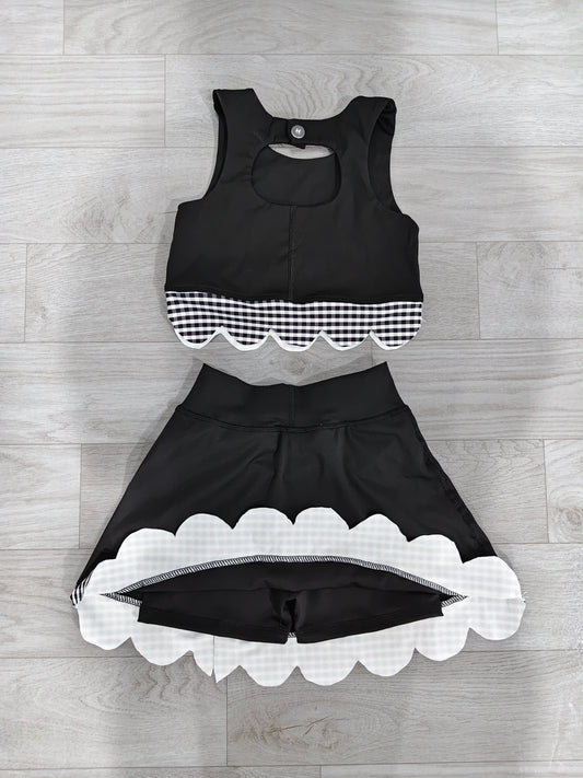 NO MOQ Preorder GSD4176 Black Plaid Bows Scalloped Wave Ruffle Sleeveless Skirts Yoga Girls Sets 202607