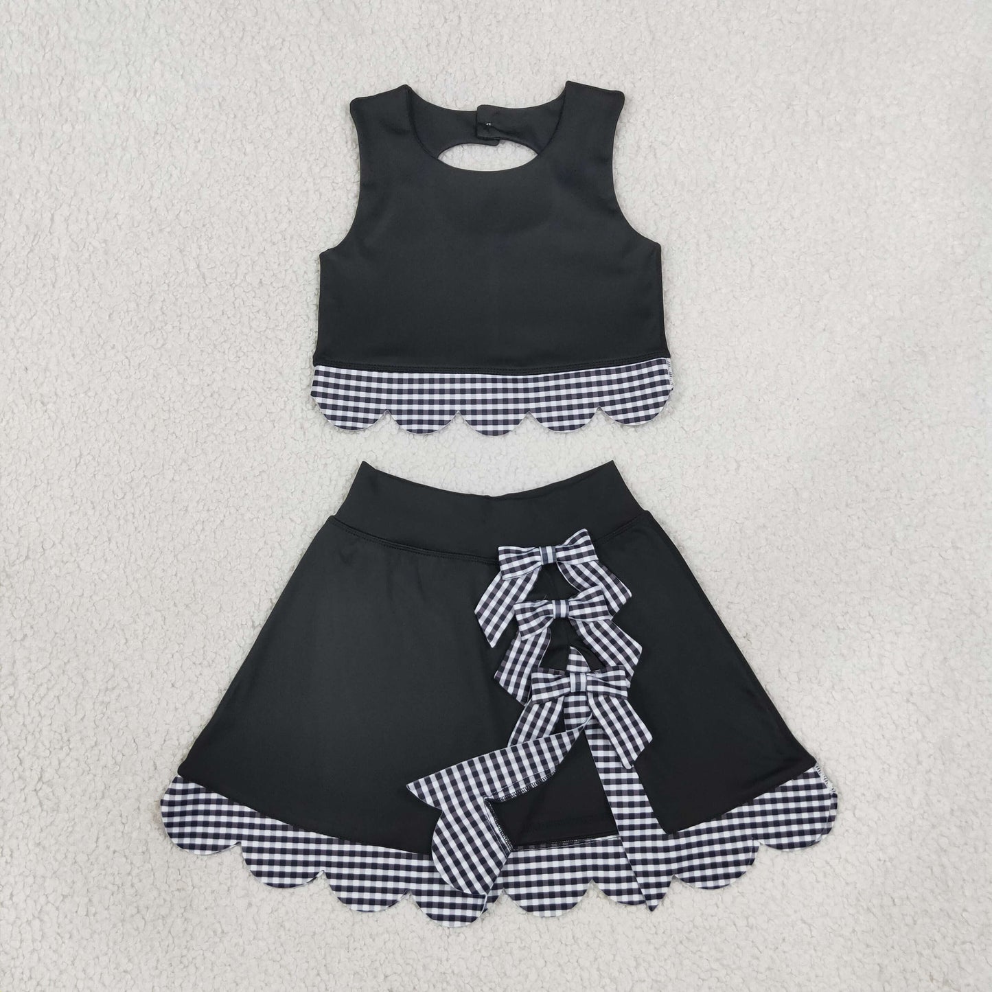 GSD4176 Black Plaid Bows Scalloped Wave Ruffle Sleeveless Skirts Yoga Girls Sets 202608 RTS