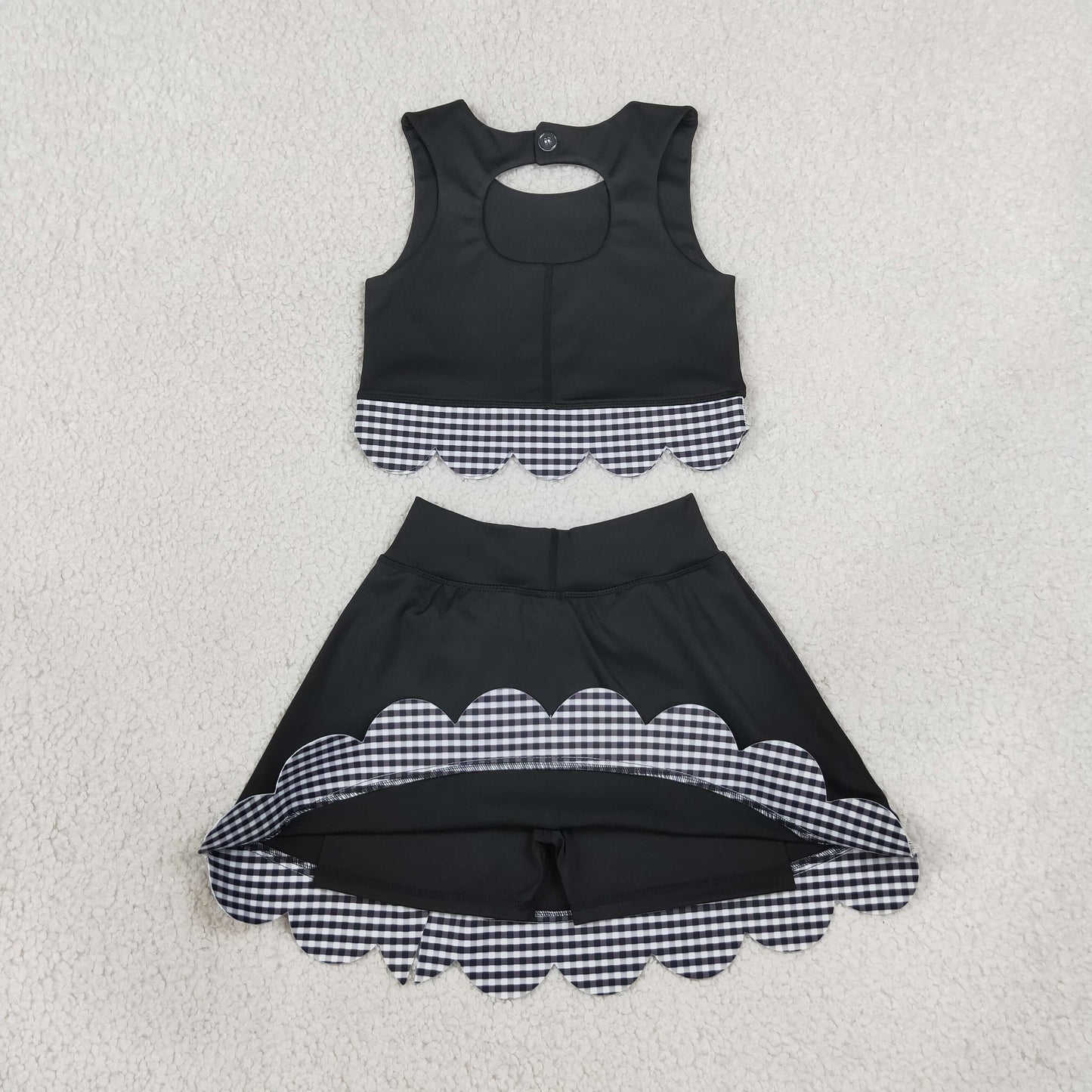 GSD4176 Black Plaid Bows Scalloped Wave Ruffle Sleeveless Skirts Yoga Girls Sets 202608 RTS