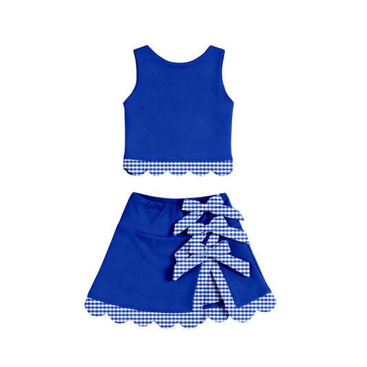 MOQ 30 PCS Preorder GSD4177 Blue Plaid Bows Scalloped Wave Ruffle Sleeveless Skirts Yoga Girls Sets 202604