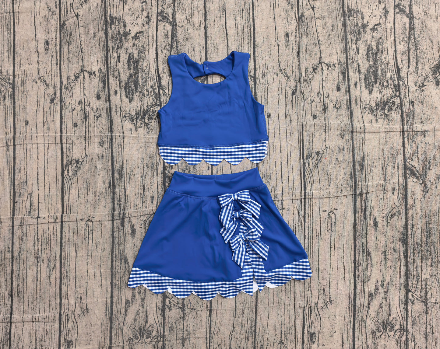 NO MOQ Preorder GSD4177 Blue Plaid Bows Scalloped Wave Ruffle Sleeveless Skirts Yoga Girls Sets 202605