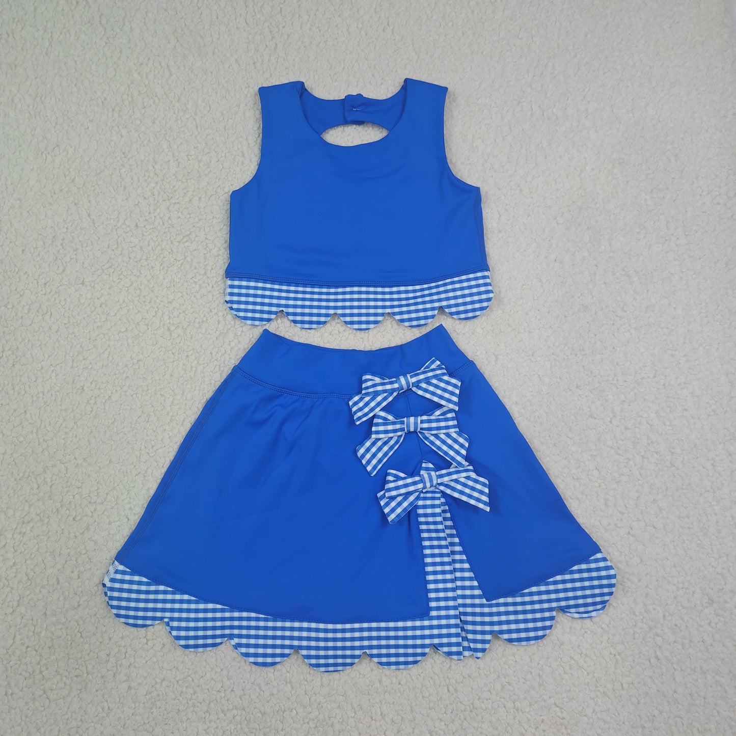 GSD4177 Blue Plaid Bows Scalloped Wave Ruffle Sleeveless Skirts Yoga Girls Sets 202607 RTS