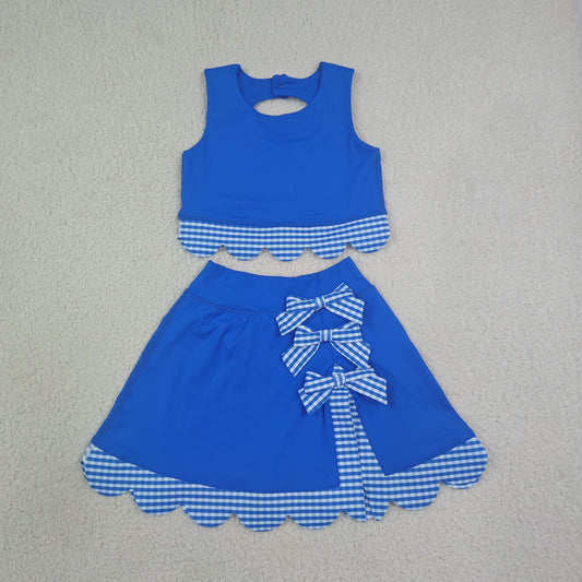 GSD4177 Blue Plaid Bows Scalloped Wave Ruffle Sleeveless Skirts Yoga Girls Sets 202607 RTS