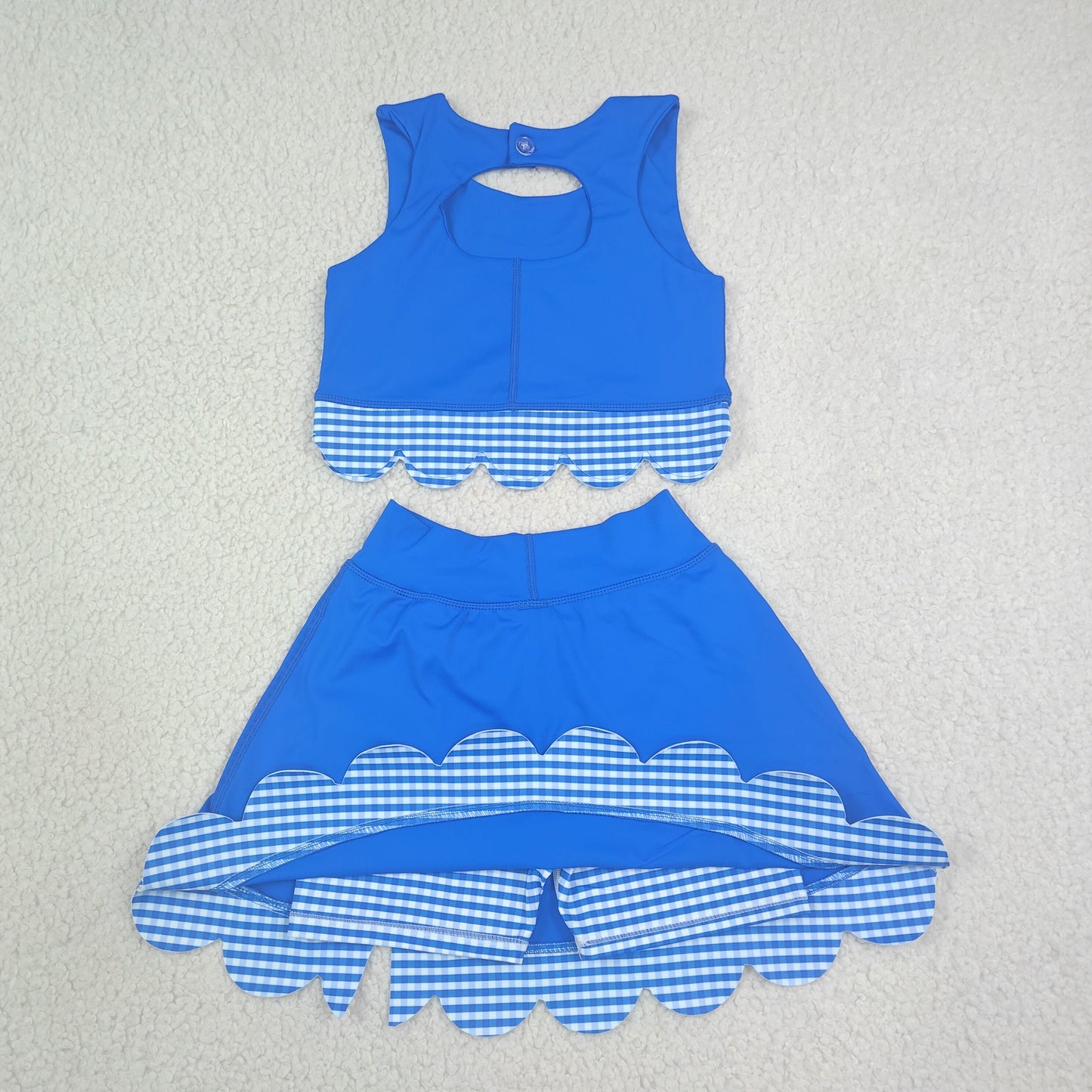 GSD4177 Blue Plaid Bows Scalloped Wave Ruffle Sleeveless Skirts Yoga Girls Sets 202607 RTS