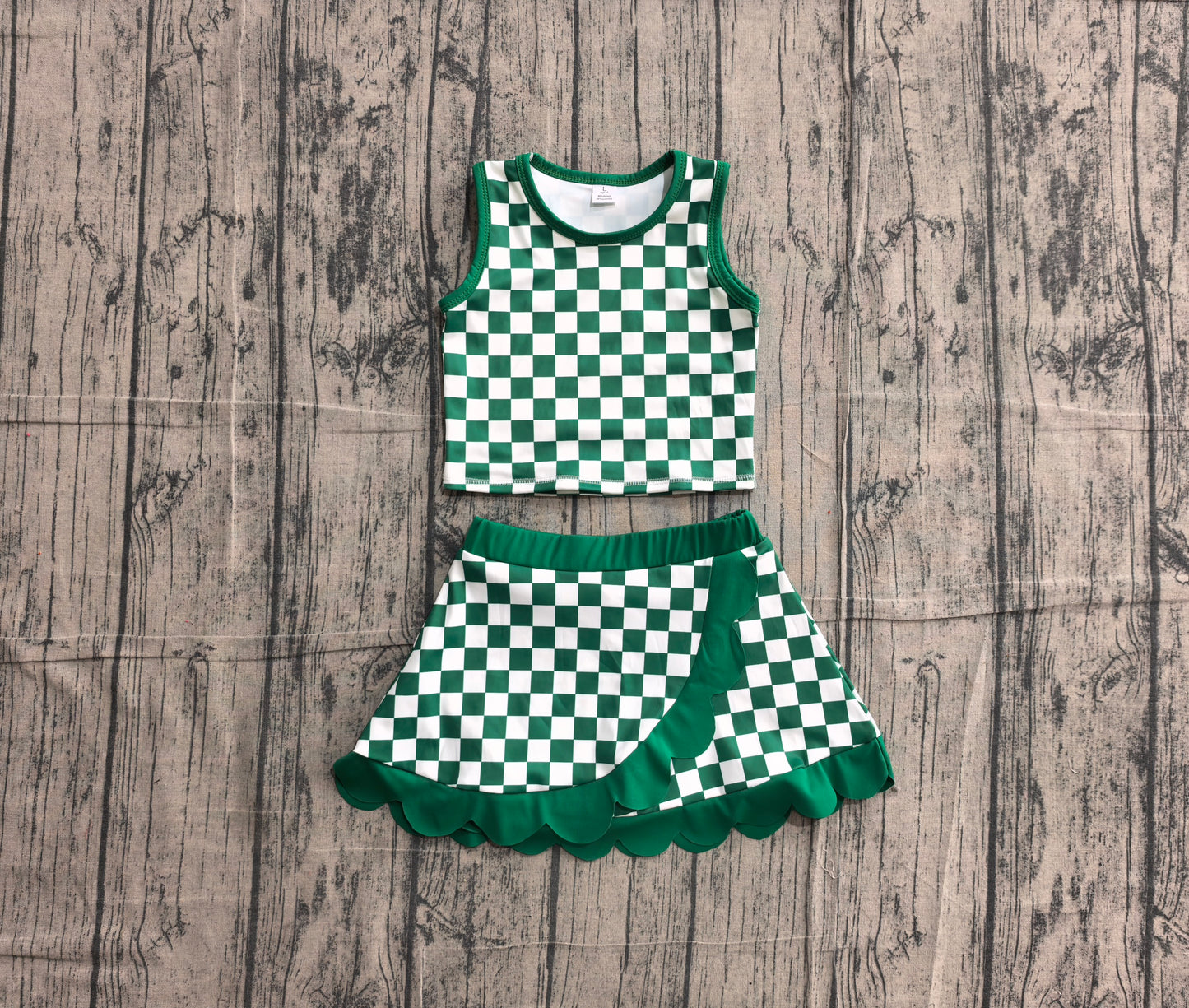 NO MOQ Preorder GSD4178 Green Plaid Scalloped Wave Ruffle Sleeveless Skirts Yoga Girls Sets 202605