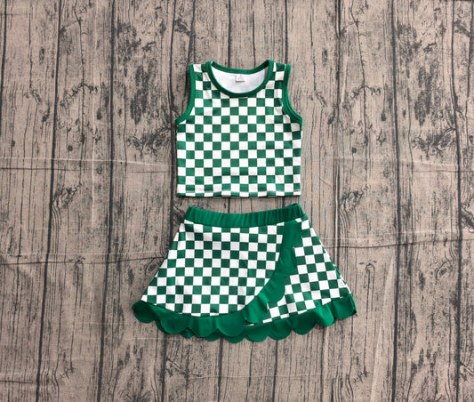 NO MOQ Preorder GSD4178 Green Plaid Scalloped Wave Ruffle Sleeveless Skirts Yoga Girls Sets 202605