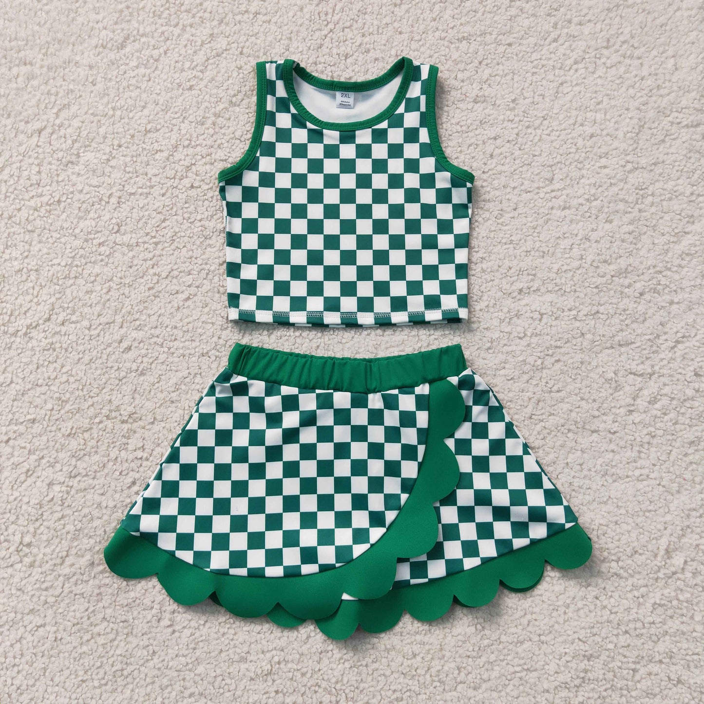 GSD4178 Green Plaid Scalloped Wave Ruffle Sleeveless Skirts Yoga Girls Sets 202607 RTS