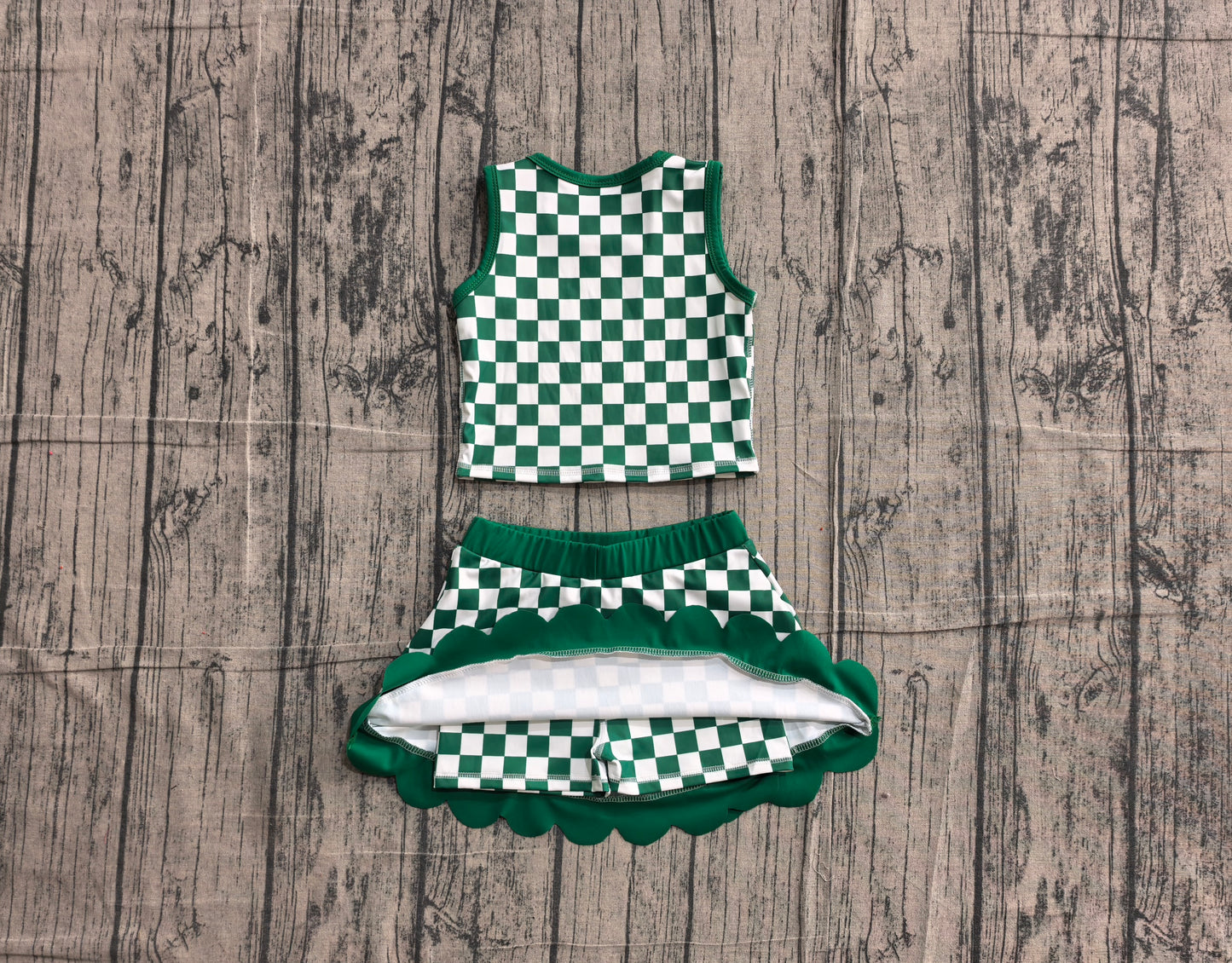 NO MOQ Preorder GSD4178 Green Plaid Scalloped Wave Ruffle Sleeveless Skirts Yoga Girls Sets 202605