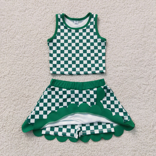 GSD4178 Green Plaid Scalloped Wave Ruffle Sleeveless Skirts Yoga Girls Sets 202607 RTS