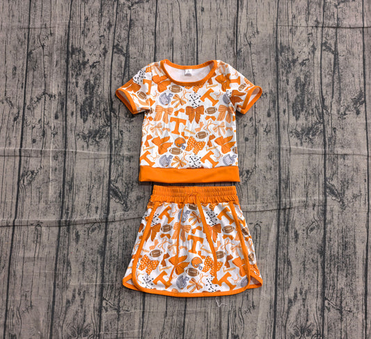 NO MOQ Preorder GSD4181 GO TEAM T Football Bows Orange Short Sleeve Skirts Yoga Girls Sets 202605