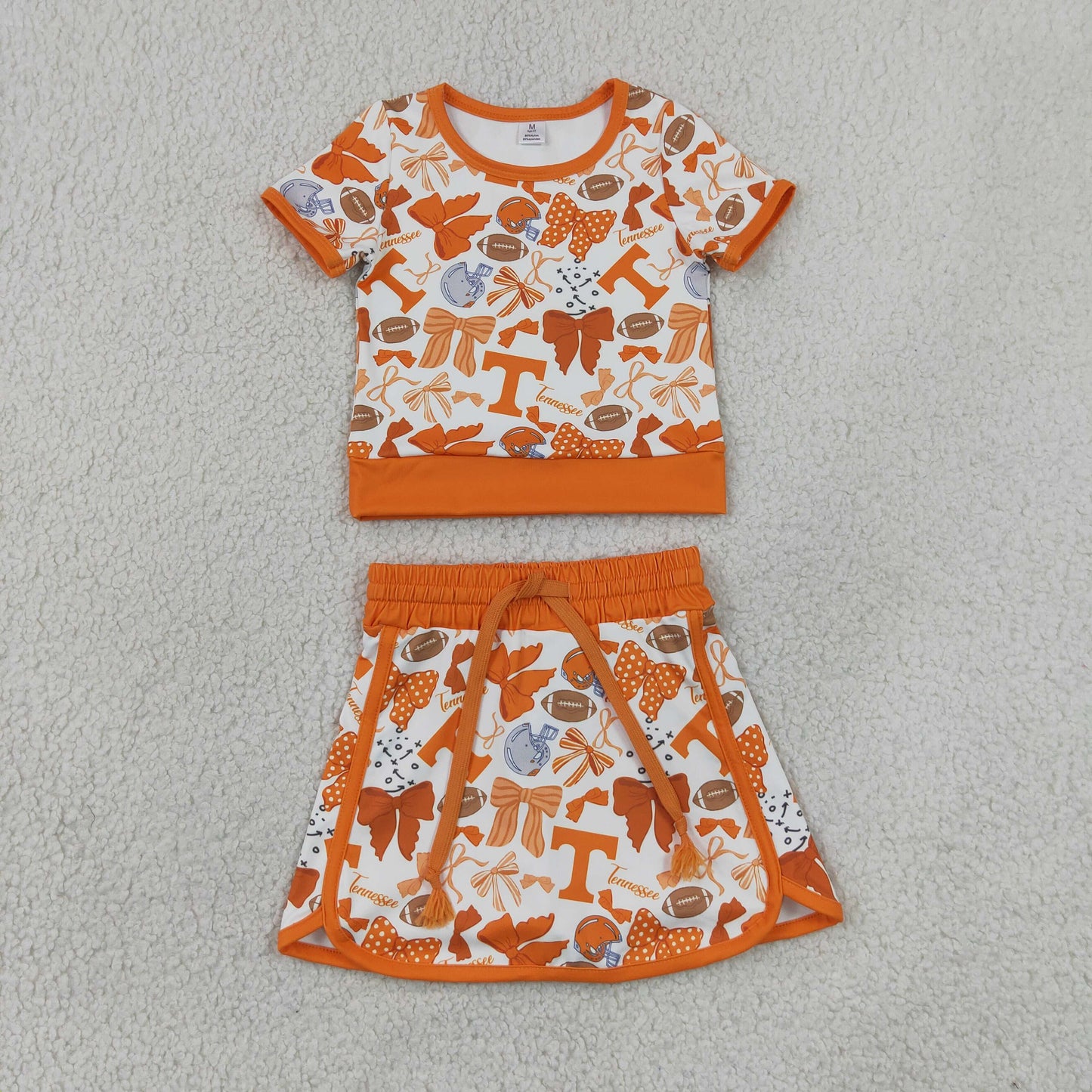 GSD4181 GO TEAM T Football Bows Orange Short Sleeve Skirts Yoga Girls Sets 202606 RTS