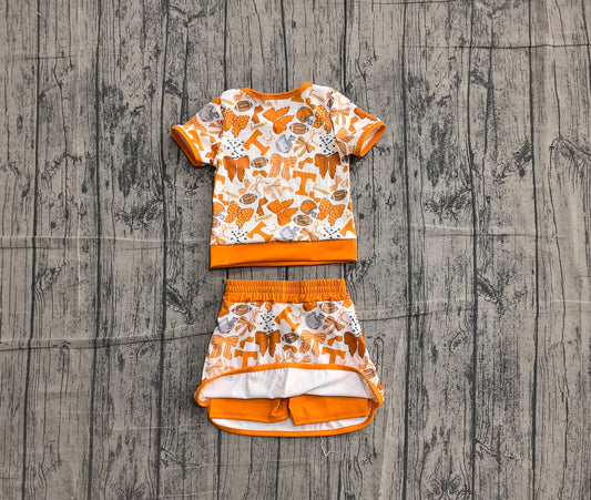 NO MOQ Preorder GSD4181 GO TEAM T Football Bows Orange Short Sleeve Skirts Yoga Girls Sets 202605