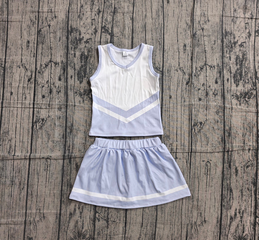 NO MOQ Preorder GSD4188 GO TEAM Stripe Light Blue Gray White Sleeveless Skirts Yoga Girls Sets 202605