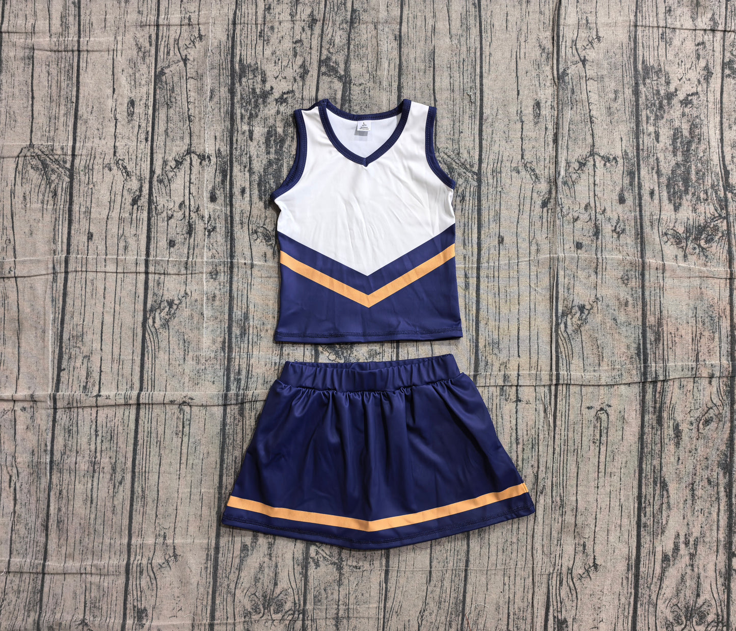 NO MOQ Preorder GSD4189 GO TEAM Stripe Navy Orange White Sleeveless Skirts Yoga Girls Sets 202605