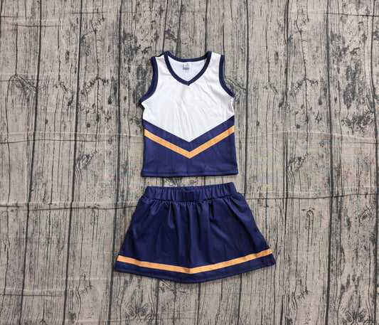 NO MOQ Preorder GSD4189 GO TEAM Stripe Navy Orange White Sleeveless Skirts Yoga Girls Sets 202605