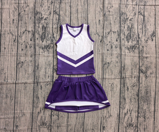 NO MOQ Preorder GSD4192 GO TEAM Stripe Dark Purple White Sleeveless Skirts Yoga Girls Sets 202605