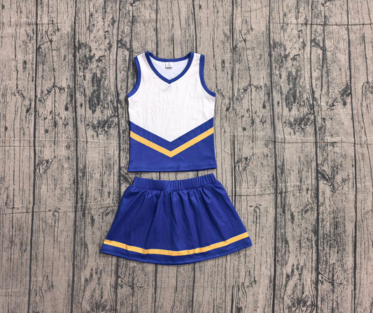 NO MOQ Preorder GSD4196 GO TEAM Stripe Blue Yellow White Sleeveless Skirts Yoga Girls Sets 202605