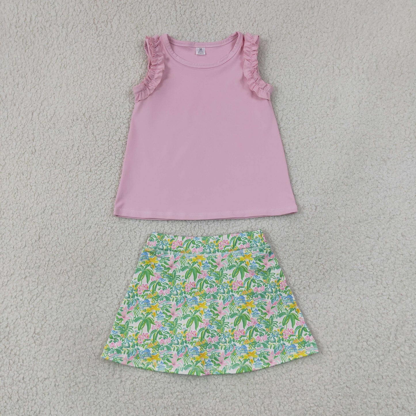 GSD4217 --Shirts GT1701 & Skirts GLK0311 Solid Pink Ruffle Sleeveless Top with Flower Leaf Print Skirts for Girls Yoga Sets 202607 RTS