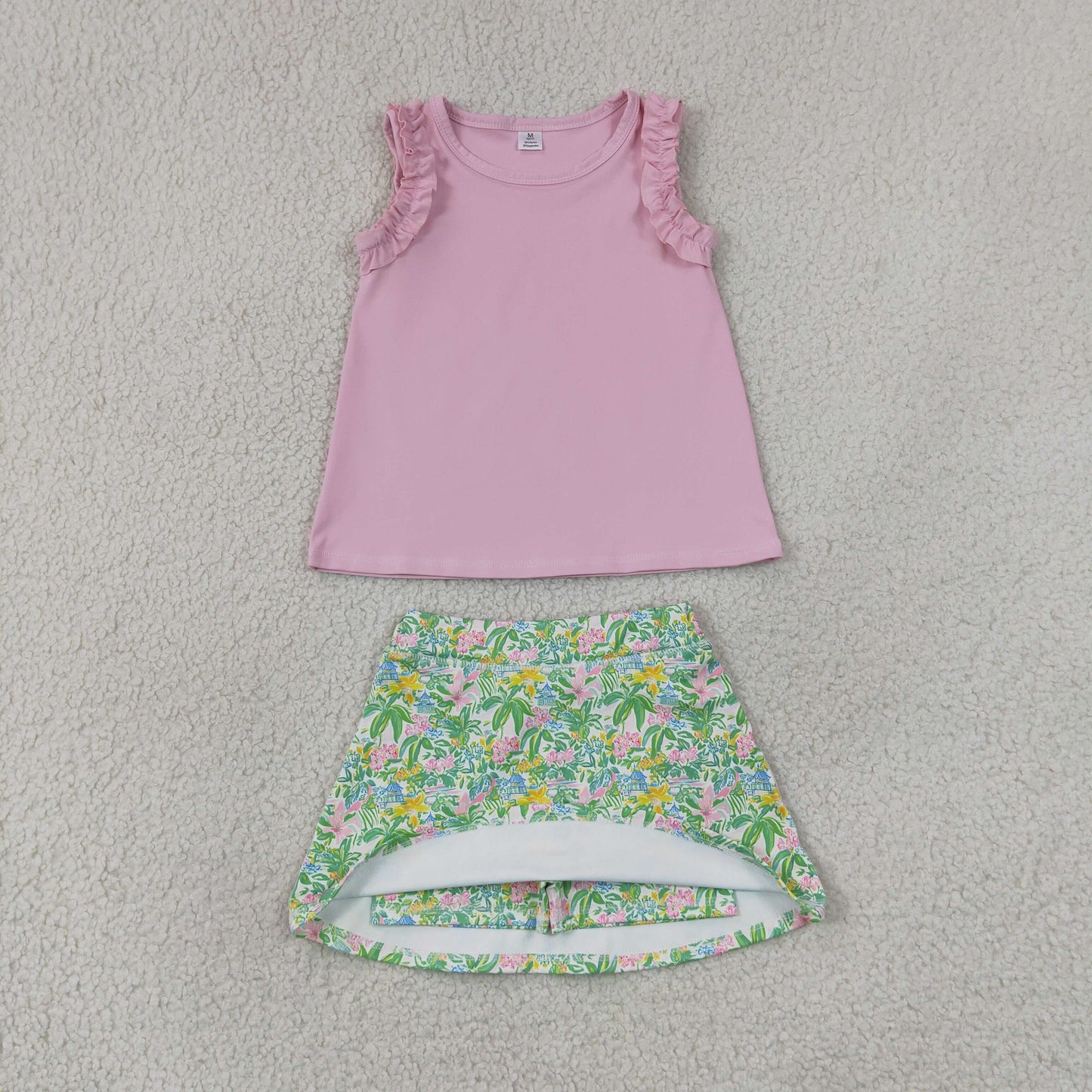 GSD4217 --Shirts GT1701 & Skirts GLK0311 Solid Pink Ruffle Sleeveless Top with Flower Leaf Print Skirts for Girls Yoga Sets 202607 RTS
