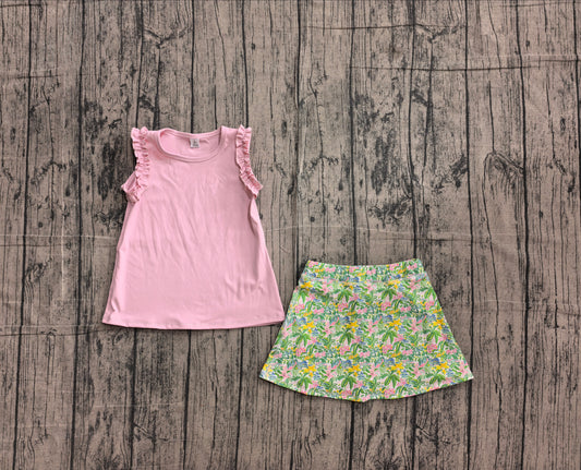NO MOQ preorder GSD4217 --Shirts GT1701 & Skirts GLK0311 Solid Pink Ruffle Sleeveless Top with Flower Leaf Print Skirts for Girls Yoga Sets 202606