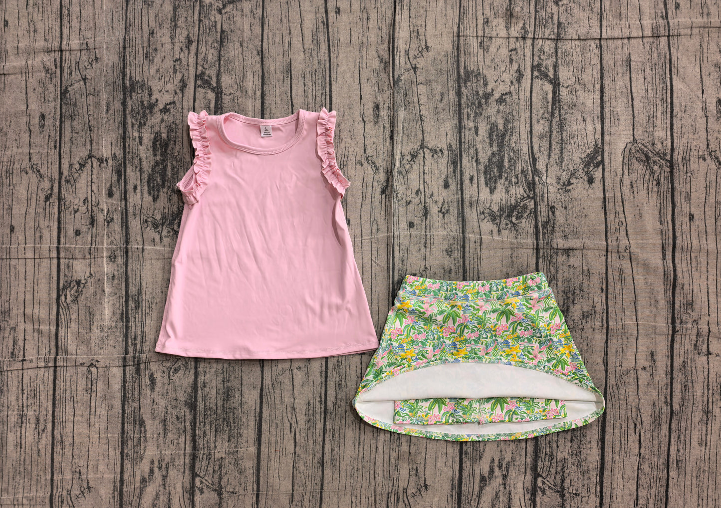 NO MOQ preorder GSD4217 --Shirts GT1701 & Skirts GLK0311 Solid Pink Ruffle Sleeveless Top with Flower Leaf Print Skirts for Girls Yoga Sets 202606