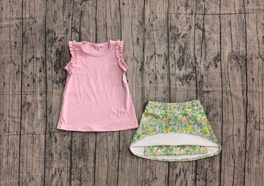 NO MOQ preorder GSD4217 --Shirts GT1701 & Skirts GLK0311 Solid Pink Ruffle Sleeveless Top with Flower Leaf Print Skirts for Girls Yoga Sets 202606