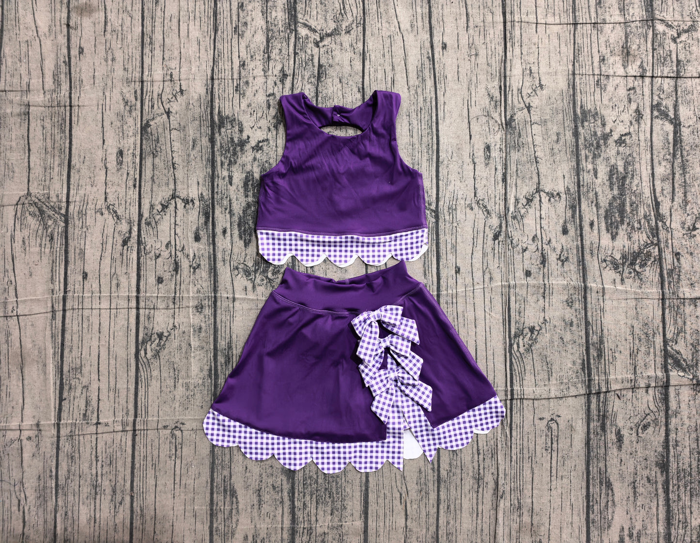 NO MOQ preorder GSD4225 Purple Plaid Bows Scalloped Sleeveless Top with Skirts for Girls Yoga Sets 202605