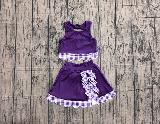 NO MOQ preorder GSD4225 Purple Plaid Bows Scalloped Sleeveless Top with Skirts for Girls Yoga Sets 202605