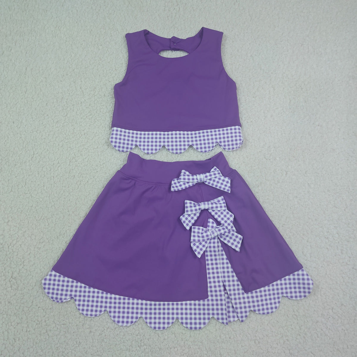 GSD4225 Purple Plaid Bows Scalloped Sleeveless Top with Skirts for Girls Yoga Sets 202607 RTS