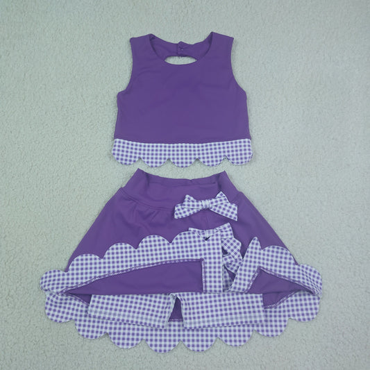 GSD4225 Purple Plaid Bows Scalloped Sleeveless Top with Skirts for Girls Yoga Sets 202607 RTS