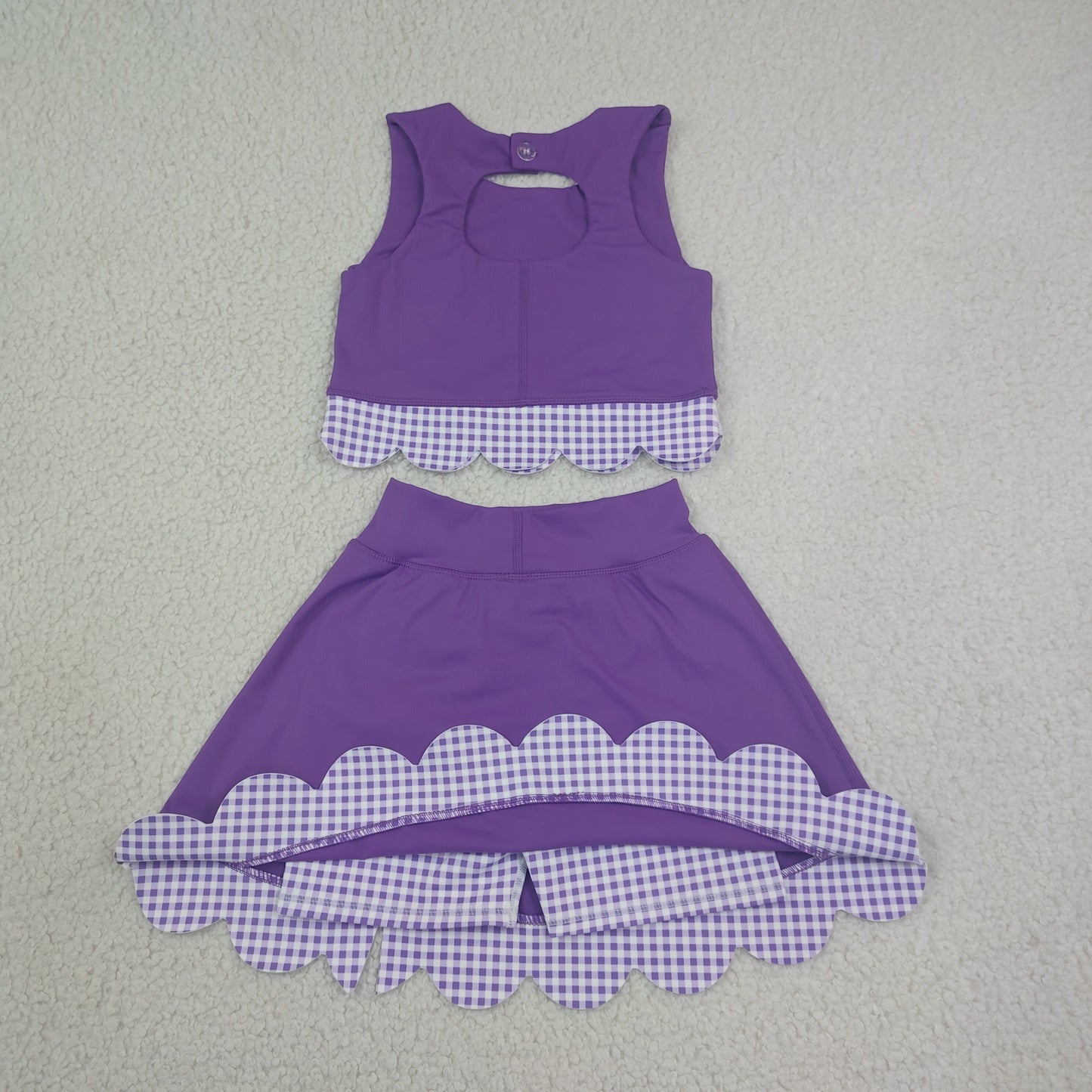 GSD4225 Purple Plaid Bows Scalloped Sleeveless Top with Skirts for Girls Yoga Sets 202607 RTS