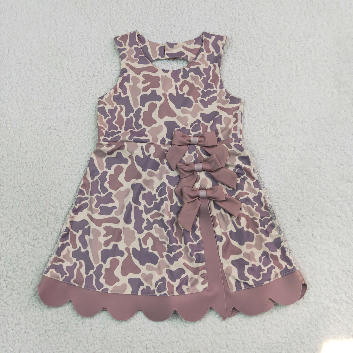 GSD4227 Hunting Camo Bows Scallop Edge Yoga Girl's Dress Onesie