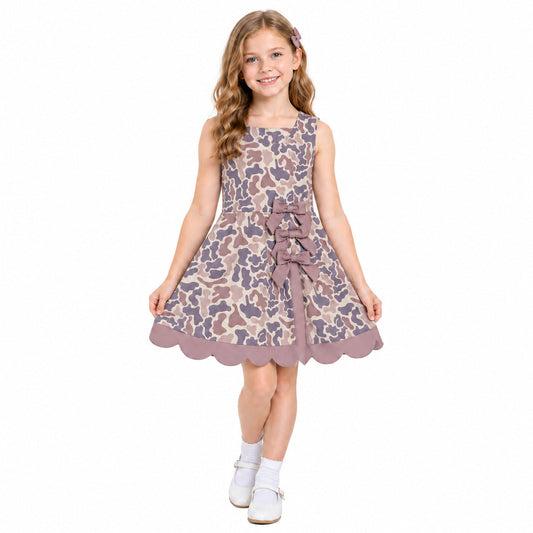 GSD4227 Hunting Camo Bows Scallop Edge Yoga Girl's Dress Onesie