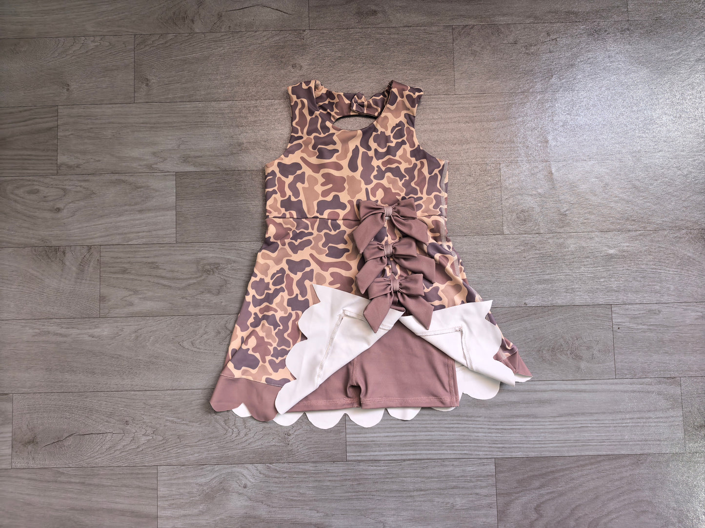NO MOQ Preorder GSD4227 Brown Bows Camo Scalloped Sleeveless Yoga Dresses for Girls 202607