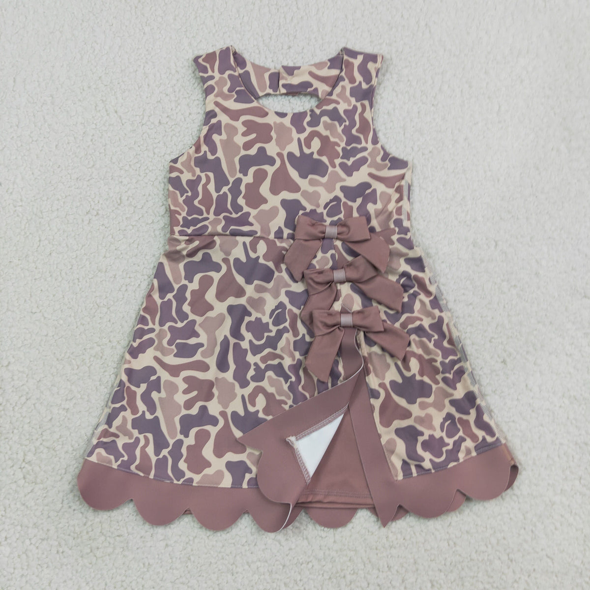 GSD4227 Hunting Camo Bows Scallop Edge Yoga Girl's Dress Onesie