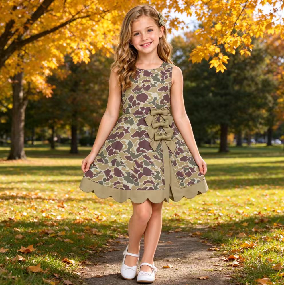 GSD4228 Hunting Camo Bows Scallop Edge Yoga Girl's Dress Onesie