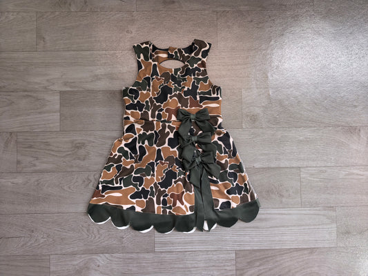 NO MOQ Preorder GSD4229 Dark Green Bows Camo Scalloped Sleeveless Yoga Dresses for Girls 202607