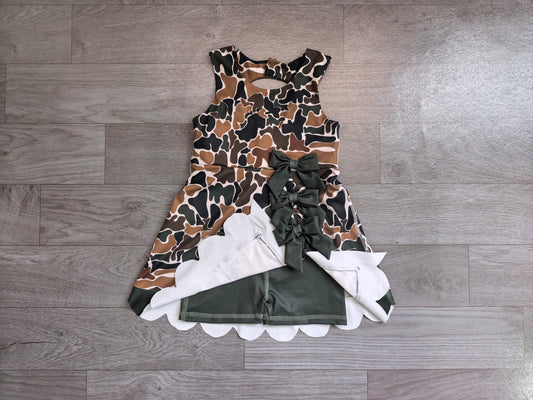 NO MOQ Preorder GSD4229 Dark Green Bows Camo Scalloped Sleeveless Yoga Dresses for Girls 202607