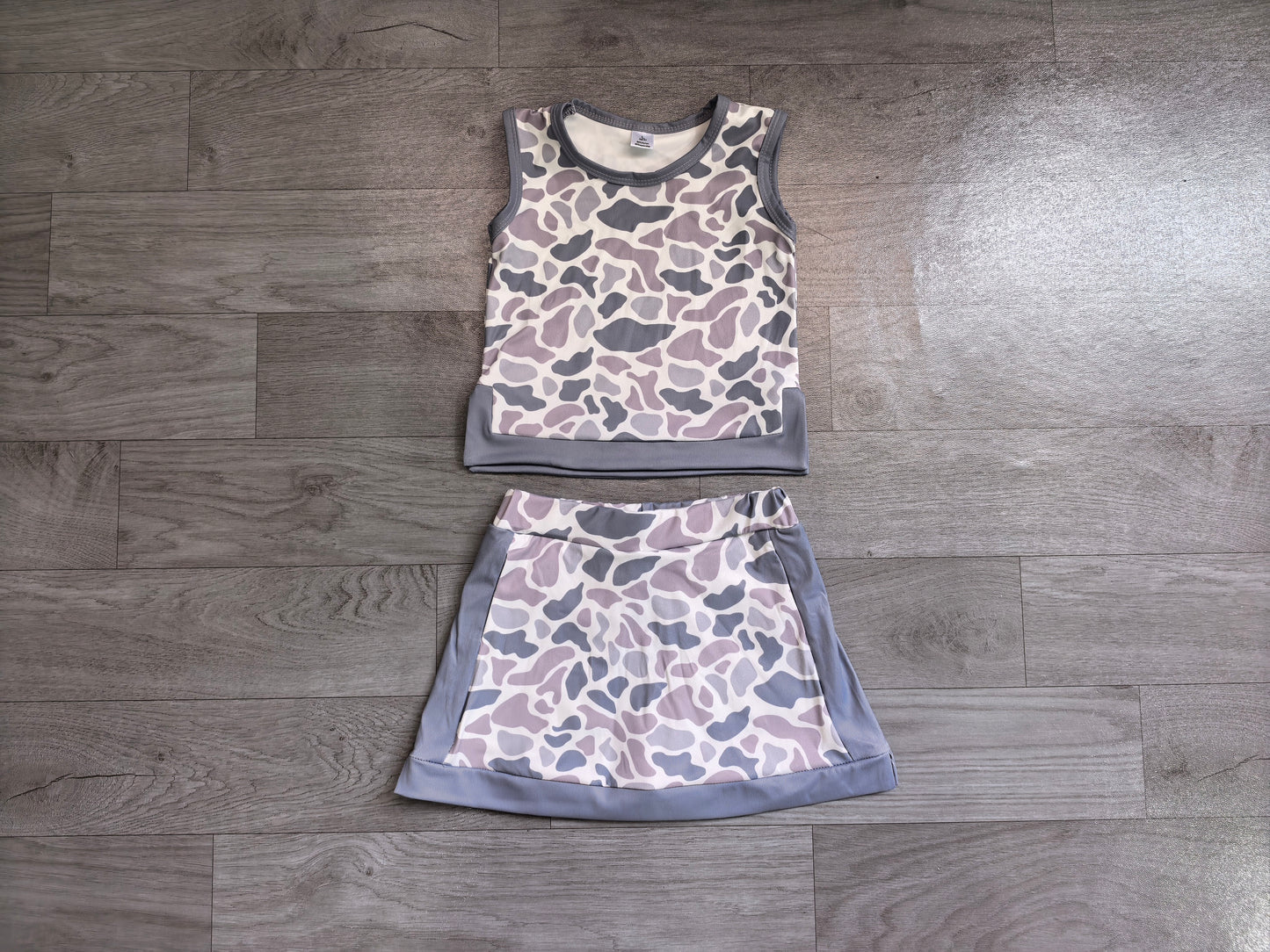 NO MOQ preorder GSD4230 Gray Blue Camo Sleeveless Top with Skirts for Girls Yoga Sets 202607
