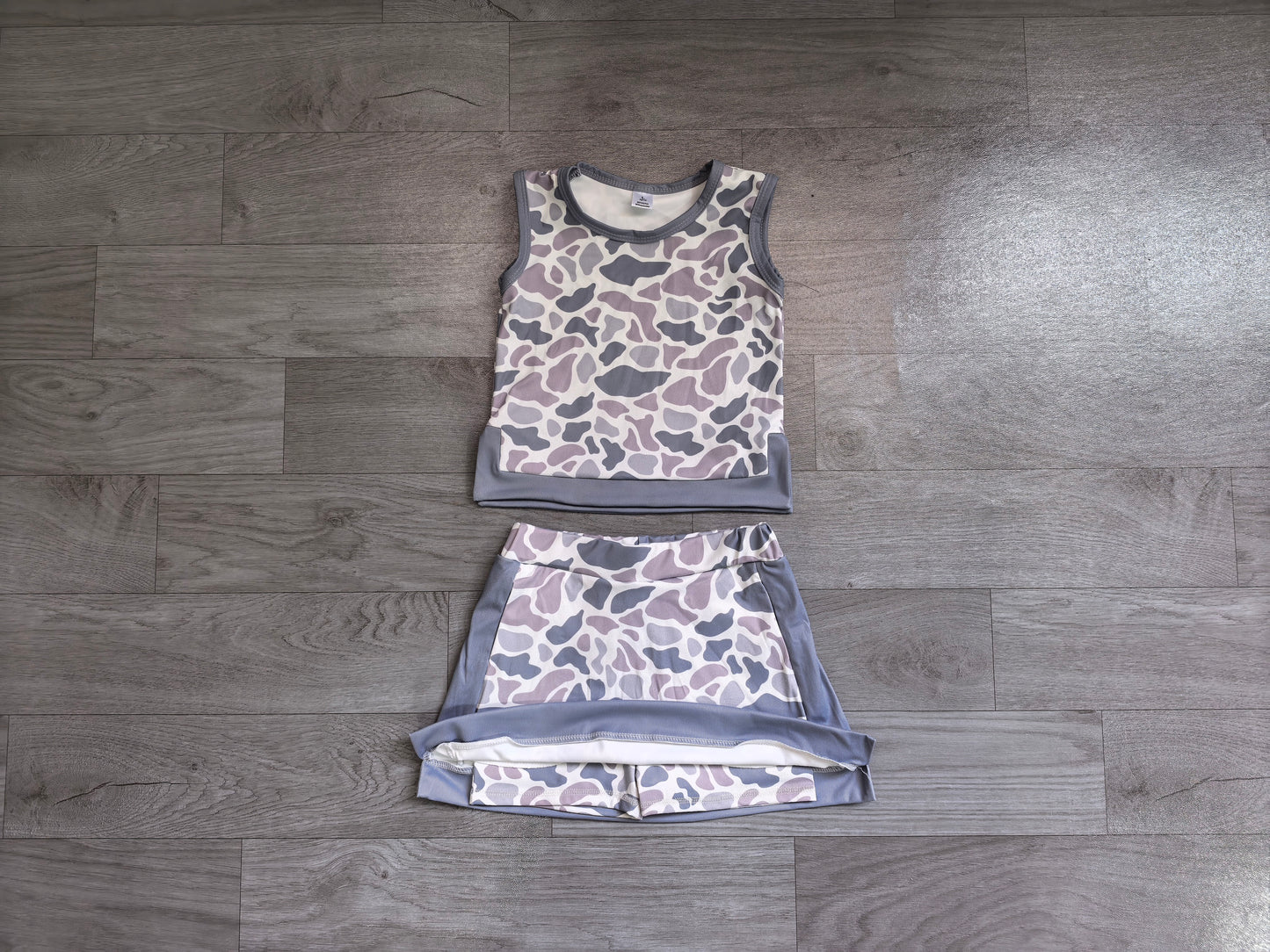 NO MOQ preorder GSD4230 Gray Blue Camo Sleeveless Top with Skirts for Girls Yoga Sets 202607