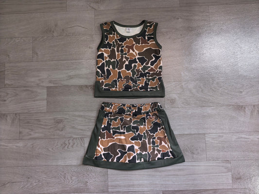 NO MOQ preorder GSD4233 Dark Green Brown Camo Sleeveless Top with Skirts for Girls Yoga Sets 202607
