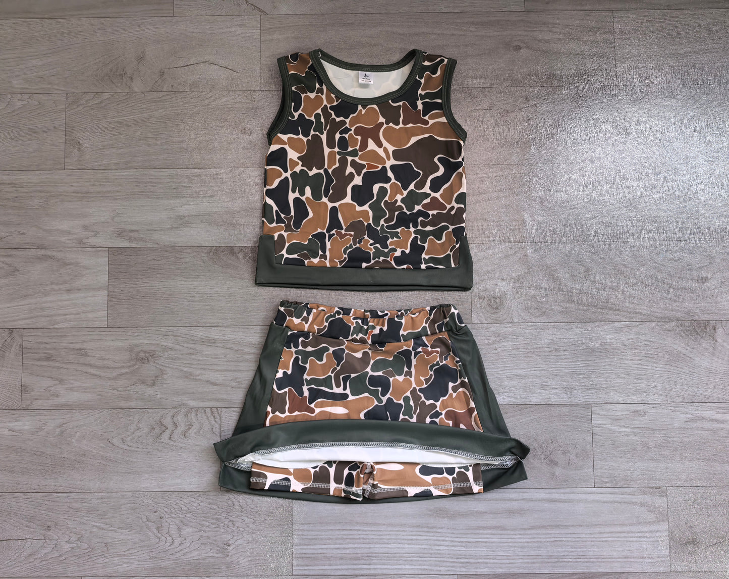 NO MOQ preorder GSD4233 Dark Green Brown Camo Sleeveless Top with Skirts for Girls Yoga Sets 202607