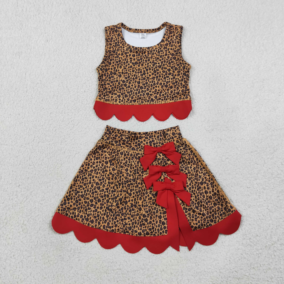 GSD4234 Leopard Red Scallop Edge Yoga Girls Skorts Set
