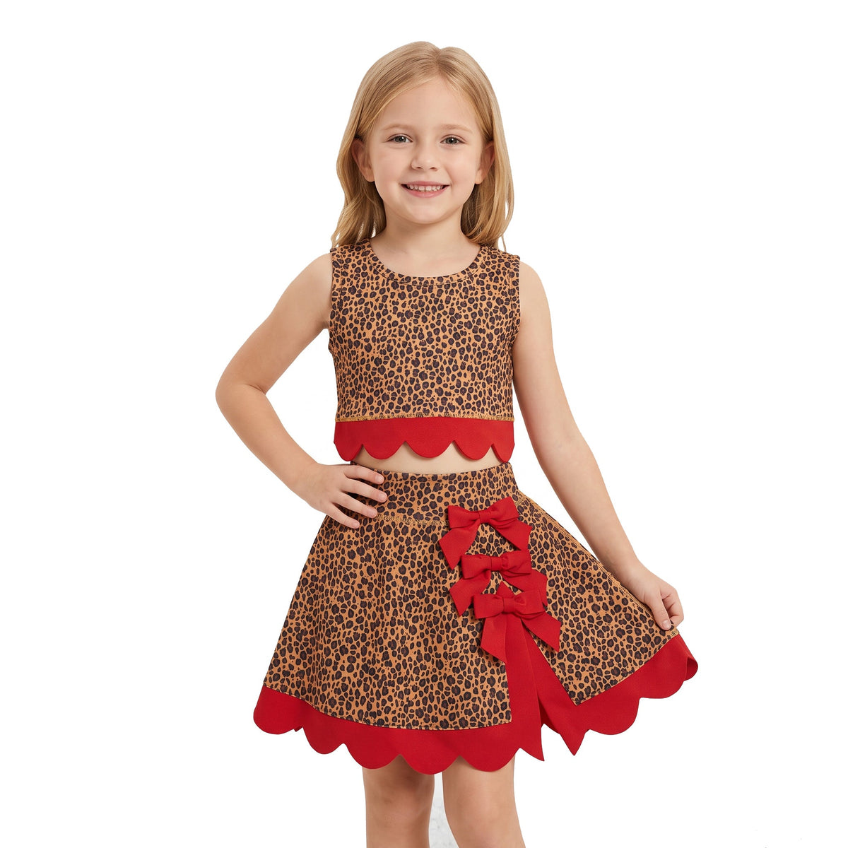 GSD4234 Leopard Red Scallop Edge Yoga Girls Skorts Set