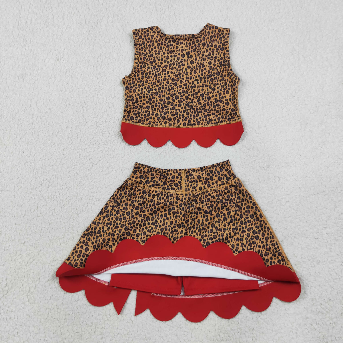 GSD4234 Leopard Red Scallop Edge Yoga Girls Skorts Set