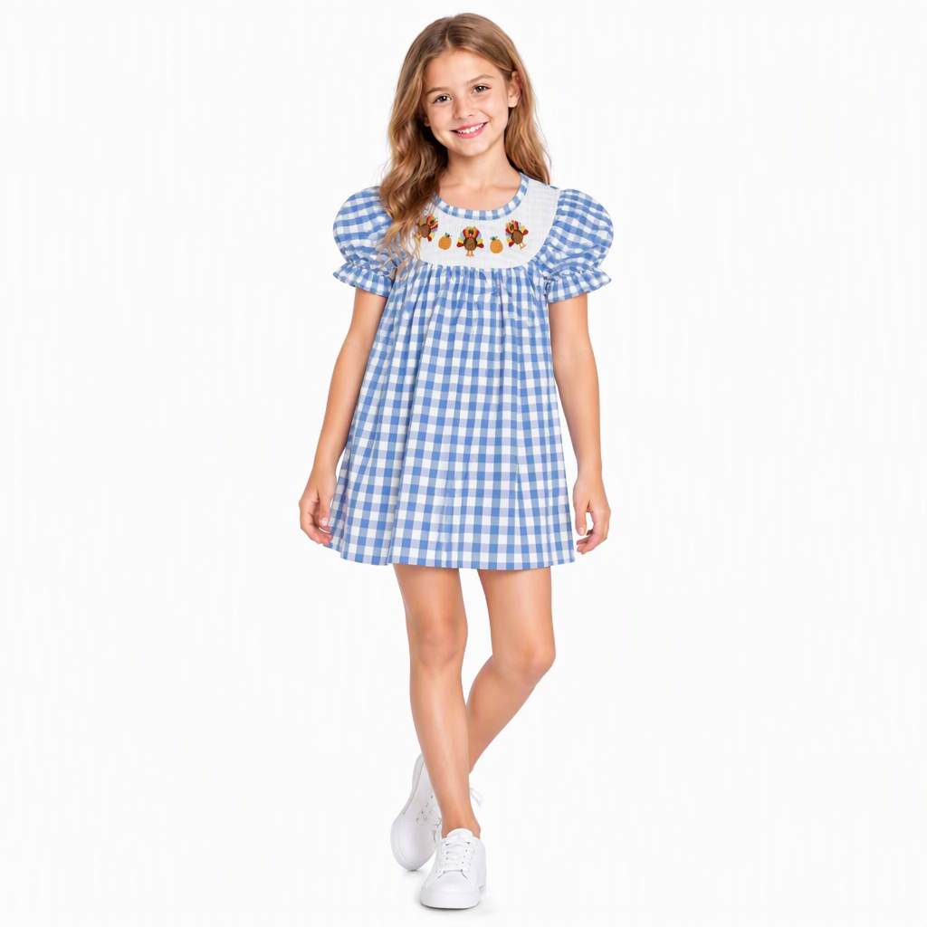 GSD4250 Smocked Thanksgiving Day Turkey Pumpkin Plaid Girl's Dress
