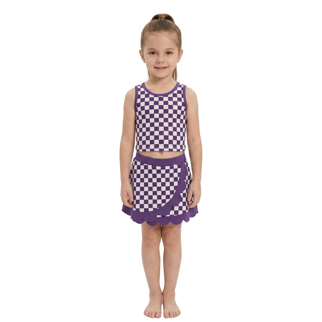 GSD4251 Purple Plaid Scallop Edge Yoga Girls Skorts Set 202609 RTS